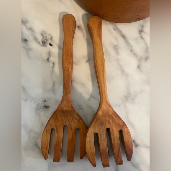 3pc Wood Salad Bowl Set with Utensils Large Round Serving Bowl Natural Brown - Picture 5 of 9